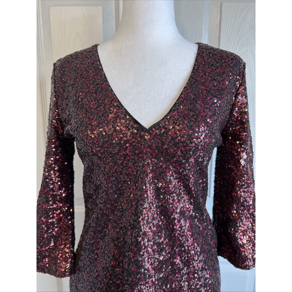 Express Sequin Minidress 8 VNeck 3/4 Sleeve Lined Black Cherry Sparkle Hoco Prom - Picture 2 of 9